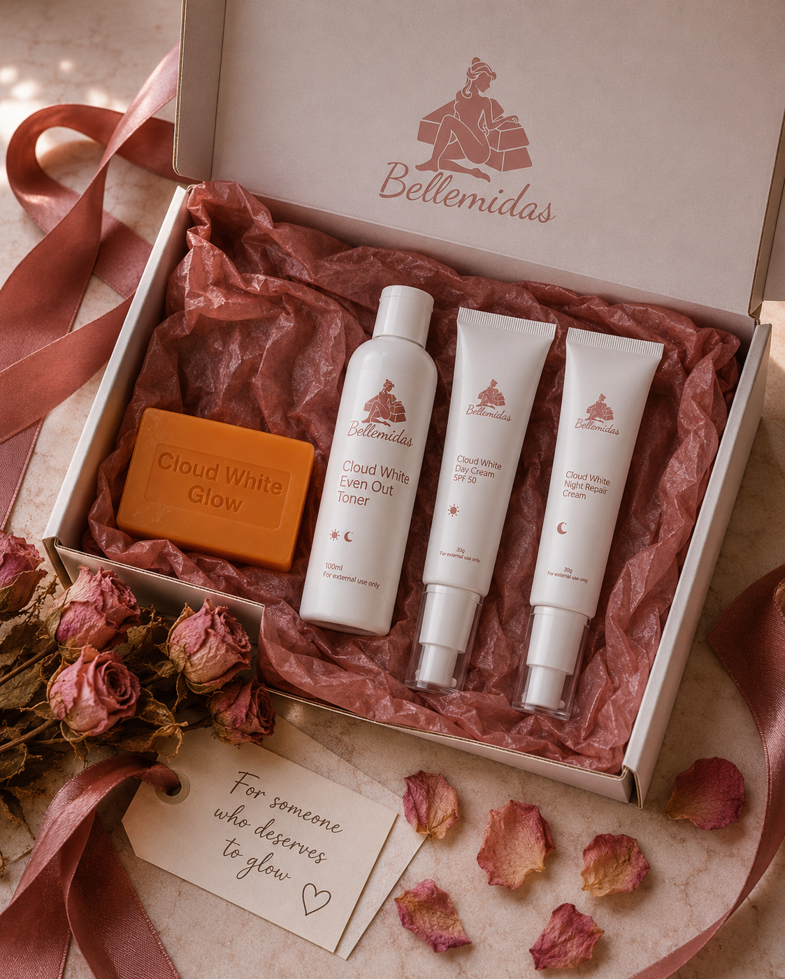 Bellemidas Cloud White Glow Set – Fade Dark Spots. Reveal Radiant Skin                                                               ✔ Targets post-acne marks  
✔ Brightens uneven skin tone  
✔ Day & Night complete routine ⭐⭐⭐⭐⭐ 10,000+ Verified Customers