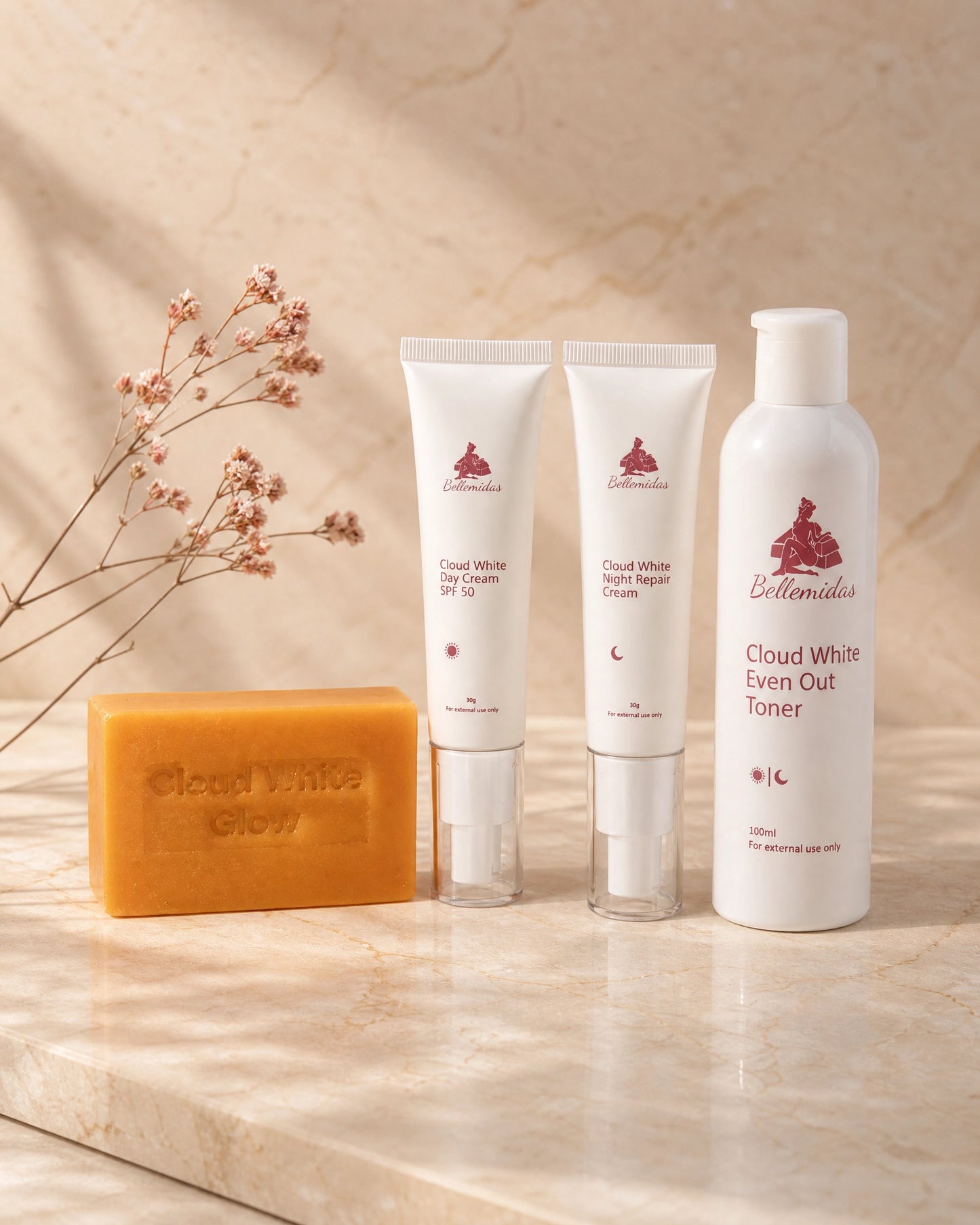 Bellemidas Cloud White Glow Set – Fade Dark Spots. Reveal Radiant Skin                                                               ✔ Targets post-acne marks  
✔ Brightens uneven skin tone  
✔ Day & Night complete routine ⭐⭐⭐⭐⭐ 10,000+ Verified Customers