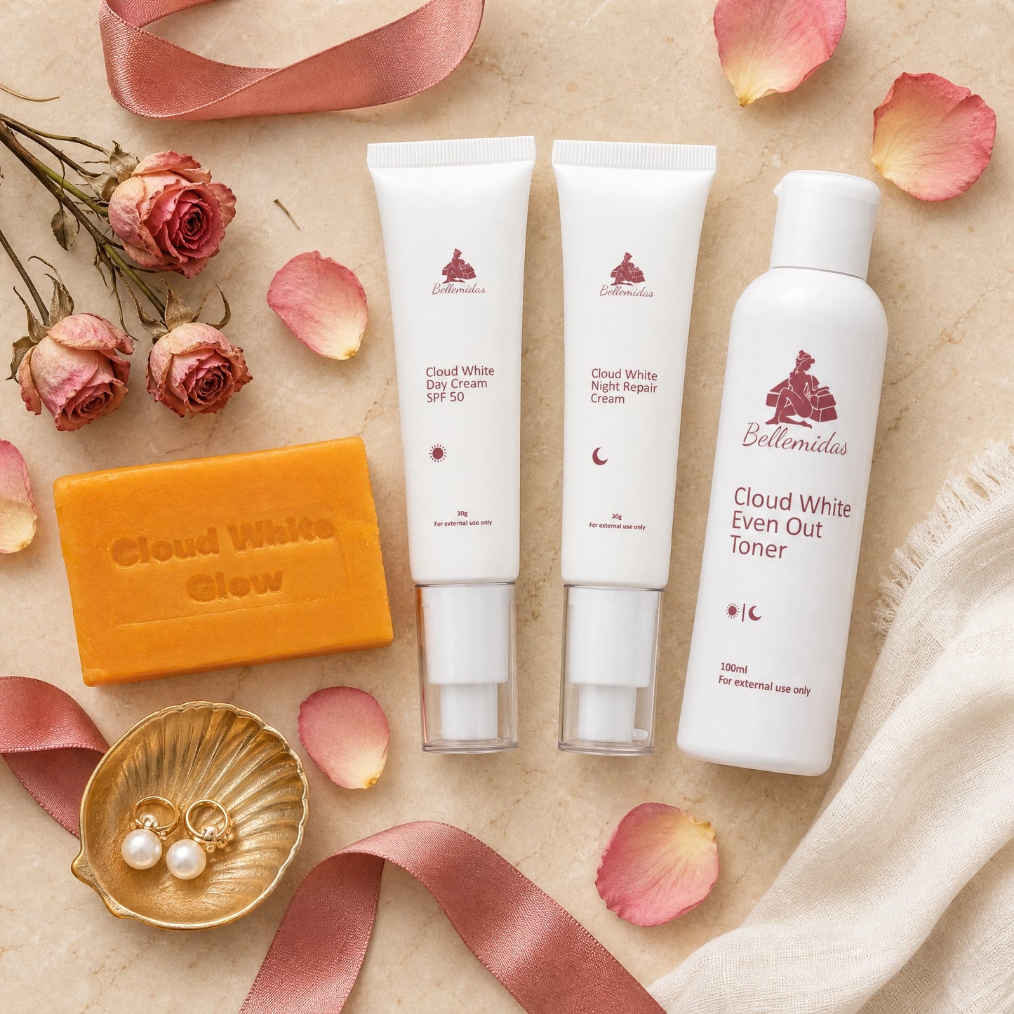 Bellemidas Cloud White Glow Set – Fade Dark Spots. Reveal Radiant Skin                                                               ✔ Targets post-acne marks  
✔ Brightens uneven skin tone  
✔ Day & Night complete routine ⭐⭐⭐⭐⭐ 10,000+ Verified Customers