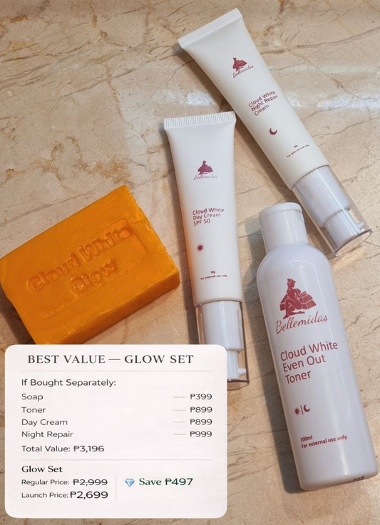 Bellemidas Cloud White Glow Set – Fade Dark Spots. Reveal Radiant Skin                                            ✔ Targets post-acne marks  
✔ Brightens uneven skin tone  
✔ Day & Night complete routine ⭐⭐⭐⭐⭐ 10,000+ Verified Customers